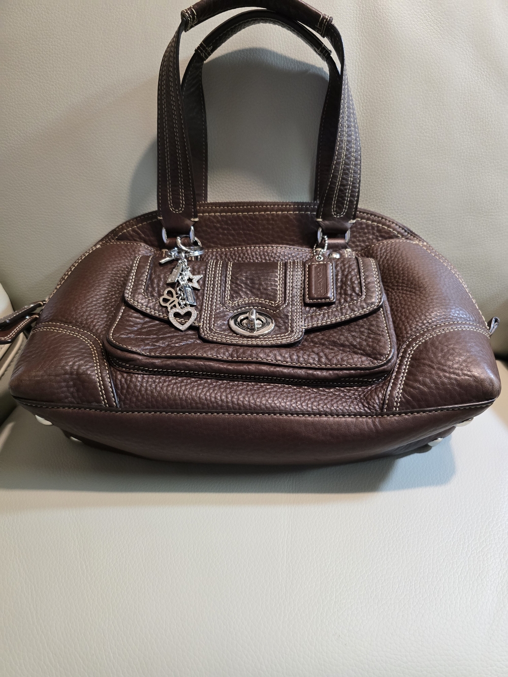 Coach EUC 3 Piece Brown Pebbled Leather Shoulder Bag with Coach Charm & Strap - Picture 7 of 10